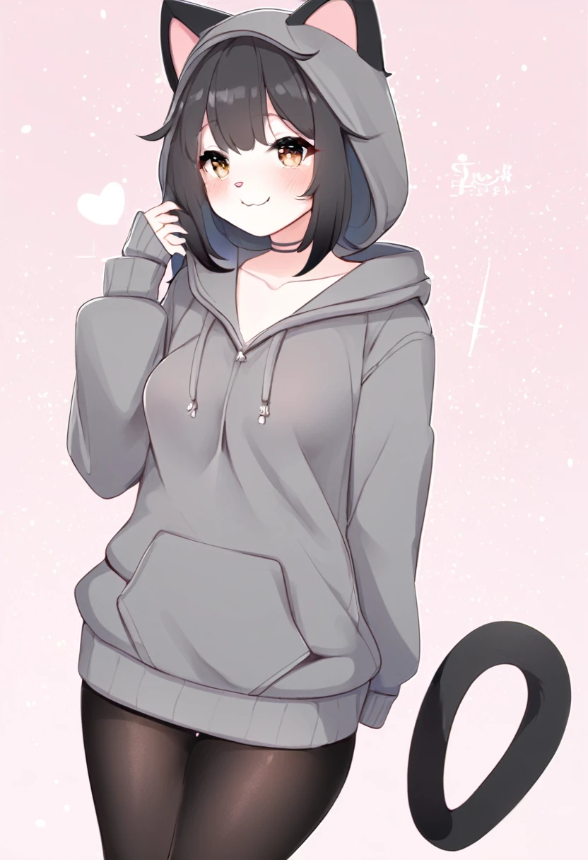 She wears a grey hoodie over black tights。She has a hoodie on and the hoodie has cat ears on it