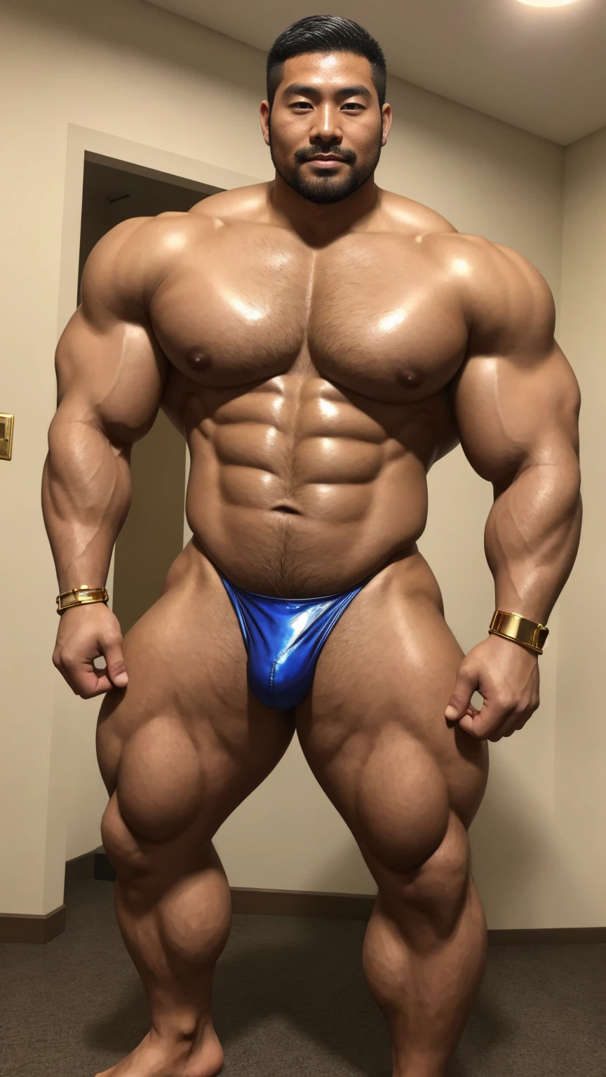There is only one handsome Chinese man in the photo,35 years old,tall, Fitness,Smooth body,Smooth skin,No chest hair,short hair, O-Shaped Beard,Perfect body, Dark skin color,Radiant Skin,Smooth skin,Shiny, shiny skin,Smooth pectoral muscles,Muscle bulge, muscular, Very large pectoral muscles,Very sexy abdominal muscles,Very well-developed leg muscles,Huge concave and convex area,Brightens oily skin,Wearing a shiny gold leather thong,Handsome face,Normal human toes,Correct and accurate male body proportions,Gold Collar,Gold bracelet,Gold anklets,Stand among the flowers。