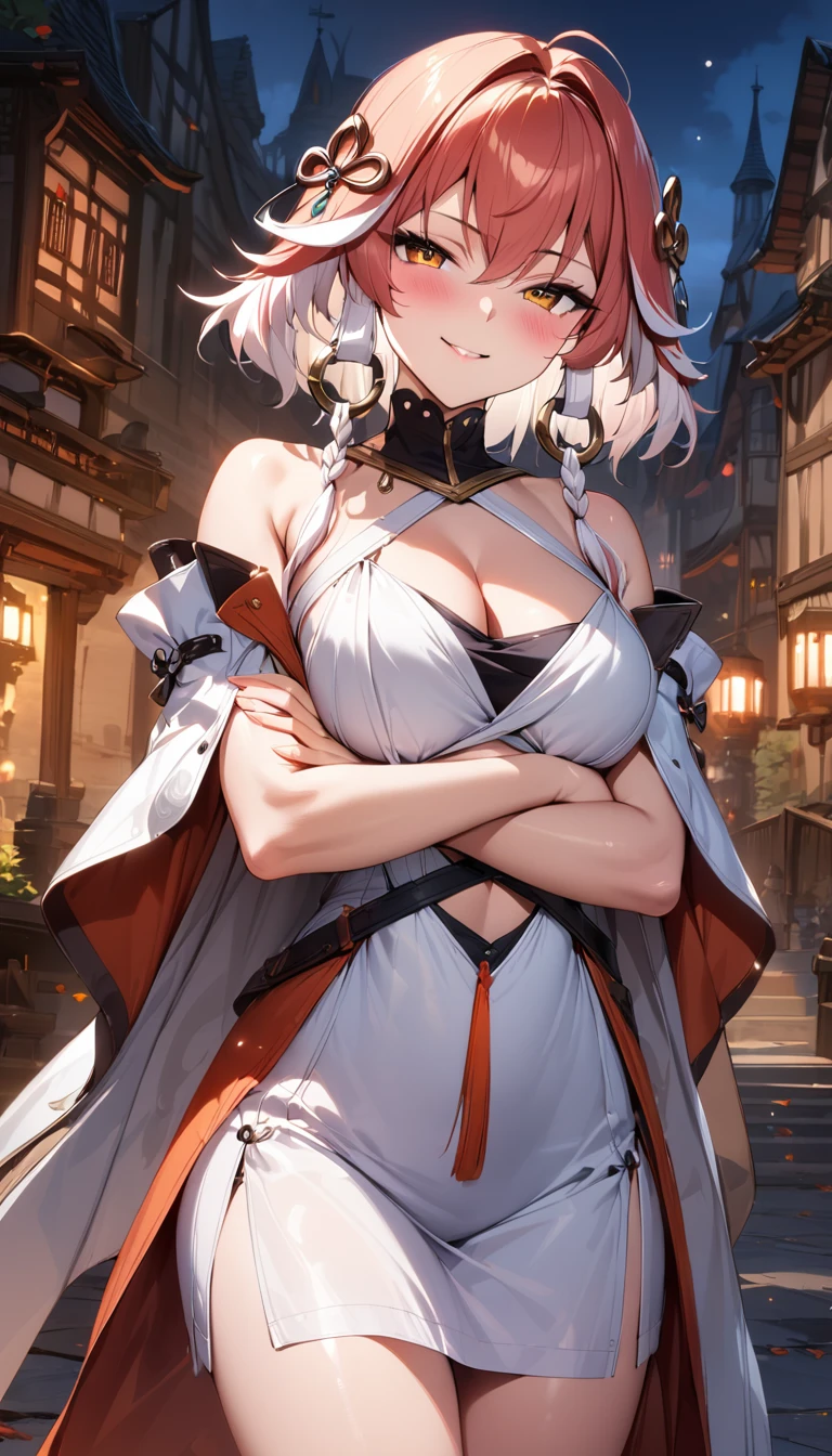 (masterpiece),(best quality),(ultra-detailed),(best illustration),(best shadow),(absurdres),(detailed background),(very aesthetic), changli(wuwa), 1girl, breasts, solo, dress, cleavage, orange eyes, looking at viewer, bare shoulders, white dress, medium breasts, blush, red hair, streaked hair, white hair, seductive smile, from the front, cowboy shot, crossed arms, medieval city background, night, 