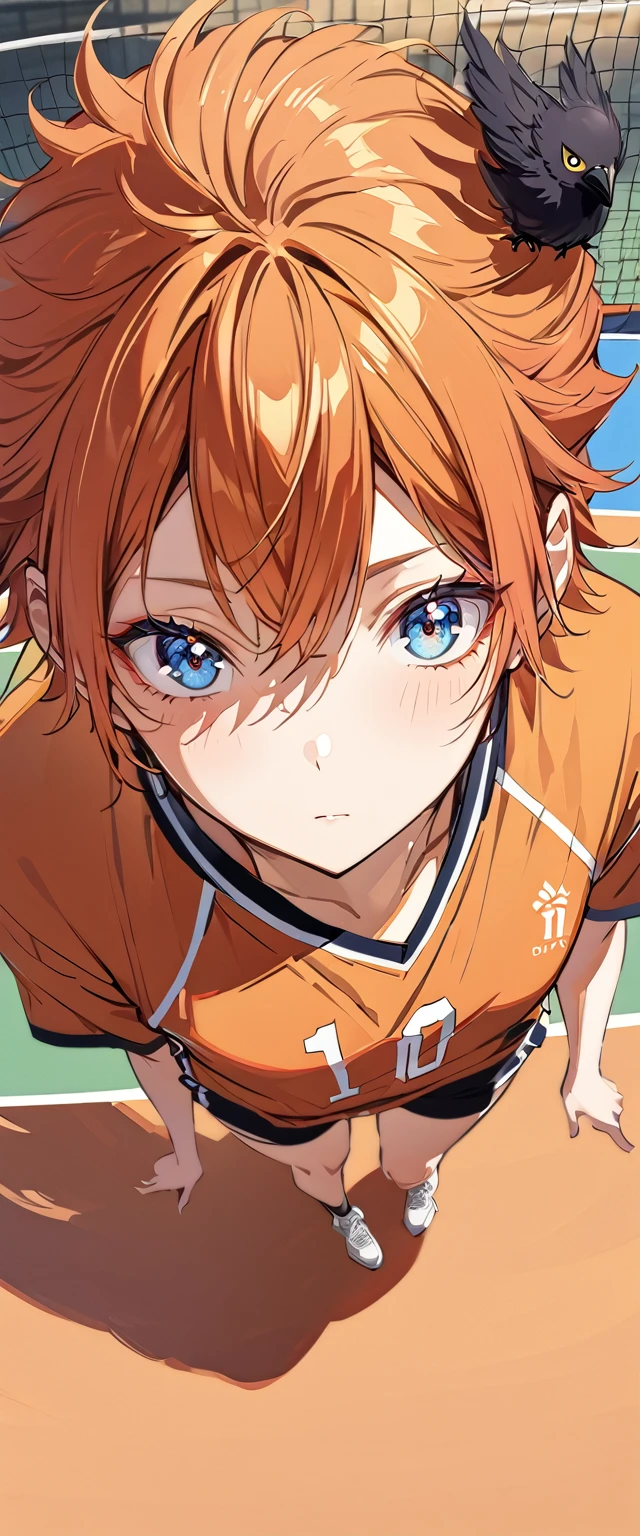 (Highest quality),(masterpiece), 8k,Very detailed, Detailed light, Best Shadow,Detailed reflective eyes, Beautiful Eyes, Very detailedな顔,Shiny Hair,One person,Gloss,Hinata Shoyang,Orange Hair,looking at the camera,front,Sense of presence,Volleyball court,Expressionless,spike,Description during jump,One Boy,Hinata Shoyo,spikeモーション,Number 10,10 times,Crow in the background,