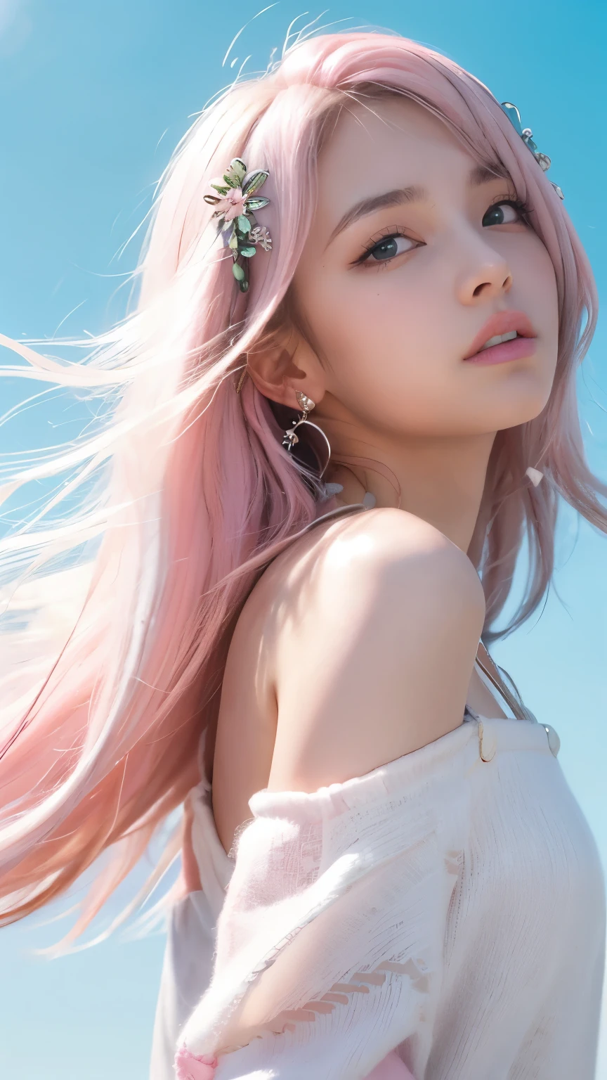 masterpiece, highest quality , enlightenment,1 perfect portrait of a girl, A fascinating eye for perfect detail, (pink+white soft hair:1.6), Fantasy sky-blue background, {exposed bare shoulders} ,{long-term alienation_sleeve}, {lean forward a little}, If you look up, hair ornaments, {shy },please shut your mouth, head tilt, movie lighting, oversized clothes, ((seductive pose)),