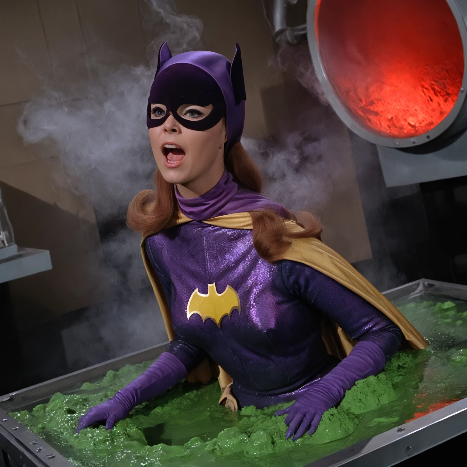 yvonne craig woman, sinking in green lava inside a  big tank in a scientist lab. She screams with her eyes wide open, she looks for help, extent her arm trying to grab something to escape, she moves desperate, but half of her body is already cover by lava she is in pain, smoke everywhere. she screams as hard as she can , 60's style, analog film, film grain, on a lab. Some red lights