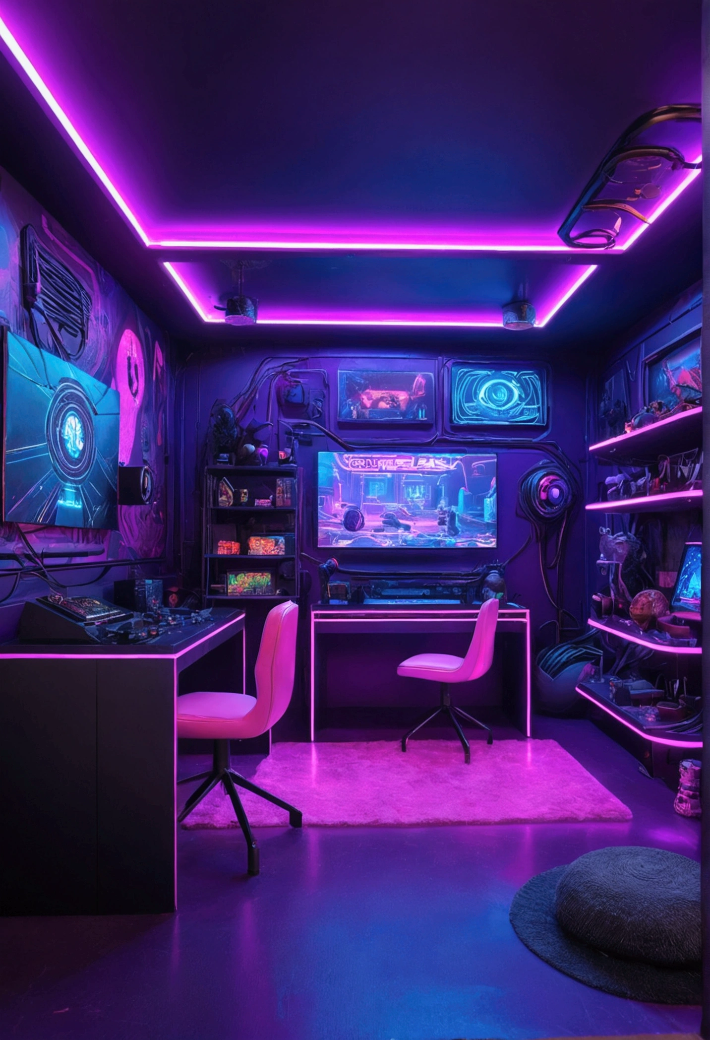 "A vibrant cyberpunk playroom with immersive purple and pink neon lights, Create an intense futuristic atmosphere, Action-packed gameplay scenes."