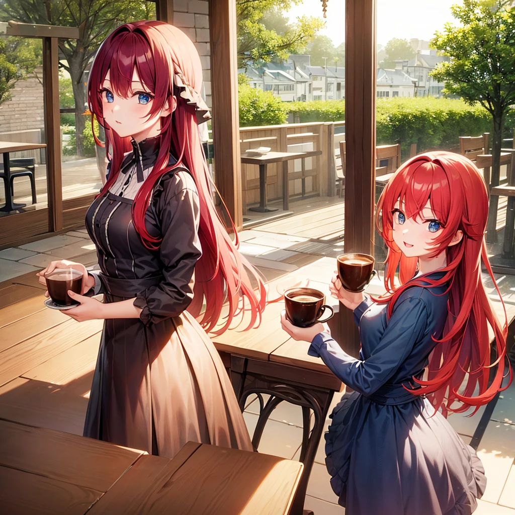 Long Hair、Beautiful eyes、woman、Wooden desk、Cafe、coffee、Contrasting sisters、Red Hair、Blue Hair
