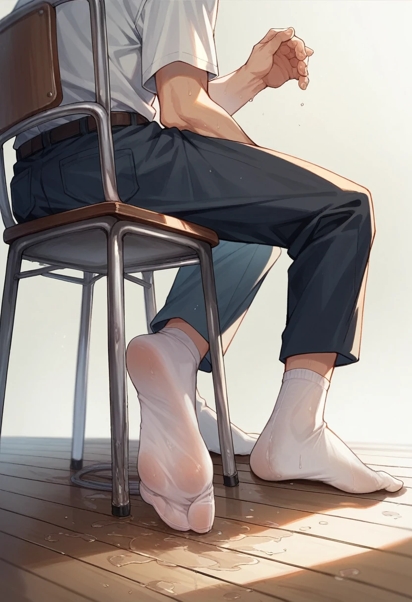 Anime boy very wet sweaty white socks under chair showing his feet soles close to the camera