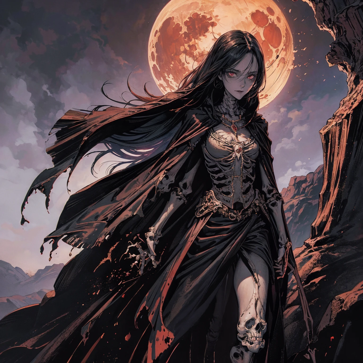 best quality, 4K, high resolution, masterpiece:1.2, Very detailed, actual:1.37, Mood lighting, An undead girl in a long cape, Torso and limb is skeleton bone but head is still beautiful human face, Wearing a ragged gothic skirt, Aloofness emotion, Dangerous sneer, Beautiful but cruel smile, Black Hair, Standing, Facing the camera, Crucified, Pitch black sky, Blood-red moon, strange atmosphere, Gothic style, Unforgettable beauty, Dramatic shadows, Ethereal Light, Mysterious atmosphere.