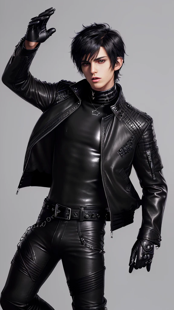 Final fantasy taste and reality graphics, ((Japanese young cute and cool ikemen boy)), his age is early 20s, thin eyebrows and beady eyes, ((he wearing black color leather thick and heavy material jacket)), ((jacket is singlebrest)), ((biker style jacket)), ((jacket is large size)),((with epaulet)), ((jacket is long sleeve)), ((zipped front of the leather jacket)), , ((voluminous leather jacket)), ,((must jacket is high length and stand-up collar)) ((jacket collar with two belts)), ((jacket is a little black color line pattern)), ((also wearing black thick material turtleneck lackluster shirts)), ((tight black leather pants)), ((put black leather tight and thin glove on both hands)), ((black leather knee-high raceup boots)),((must views head-to-toe)),((must views whole body)), ,((Do not show skin from the neck down)),leather jacket leather glove and leather pants have few wrinkles, Avoid showing your innerwear,zip up jacket fastner.must put on a leather glove.
Bous face is expression of ecstasy.
Boy is black hair.boy looks like fashion model.