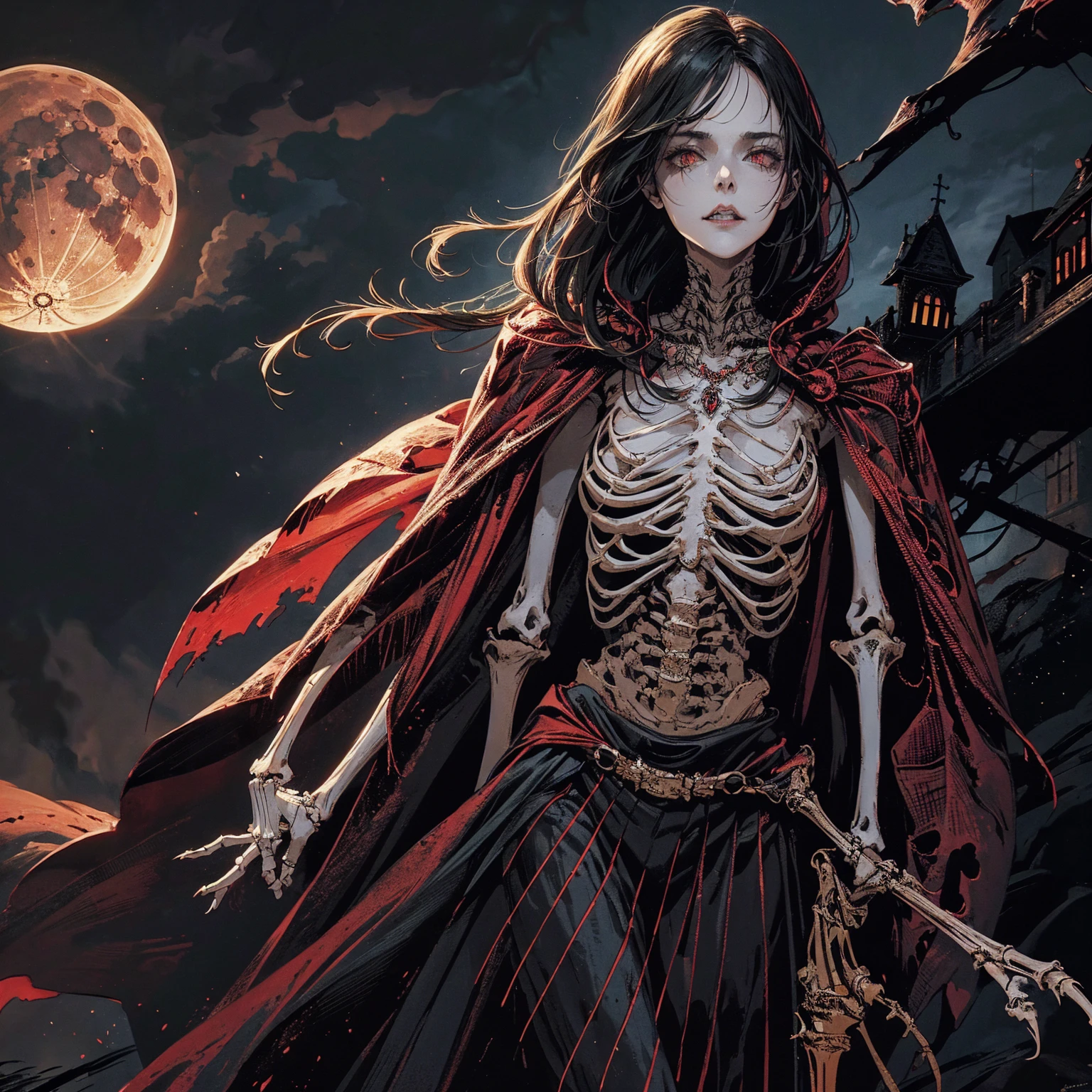 best quality, 4K, high resolution, masterpiece:1.2, Very detailed, actual:1.37, Mood lighting, An undead girl in a long cape, Torso and limb is skeleton bone but head is still beautiful human face, Wearing a ragged gothic skirt, Aloofness emotion, Dangerous sneer, Beautiful but cruel smile, Black Hair, Standing, Facing the camera, Crucified, Pitch black sky, Blood-red moon, strange atmosphere, Gothic style, Unforgettable beauty, Dramatic shadows, Ethereal Light, Mysterious atmosphere.