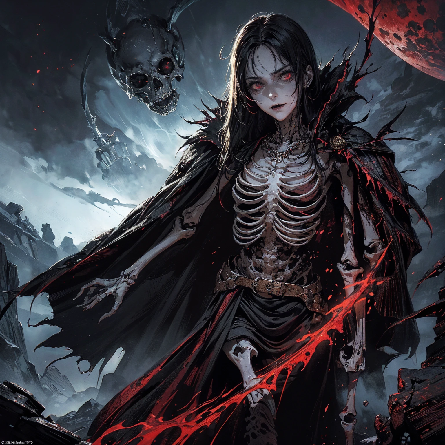 best quality, 4K, high resolution, masterpiece:1.2, Very detailed, actual:1.37, Mood lighting, An undead girl in a long cape, Torso and limb is skeleton bone but head is still beautiful human face, Wearing a ragged gothic skirt, Aloofness emotion, Dangerous sneer, Beautiful but cruel smile, Black Hair, Standing, Facing the camera, Crucified, Pitch black sky, Blood-red moon, strange atmosphere, Gothic style, Unforgettable beauty, Dramatic shadows, Ethereal Light, Mysterious atmosphere.