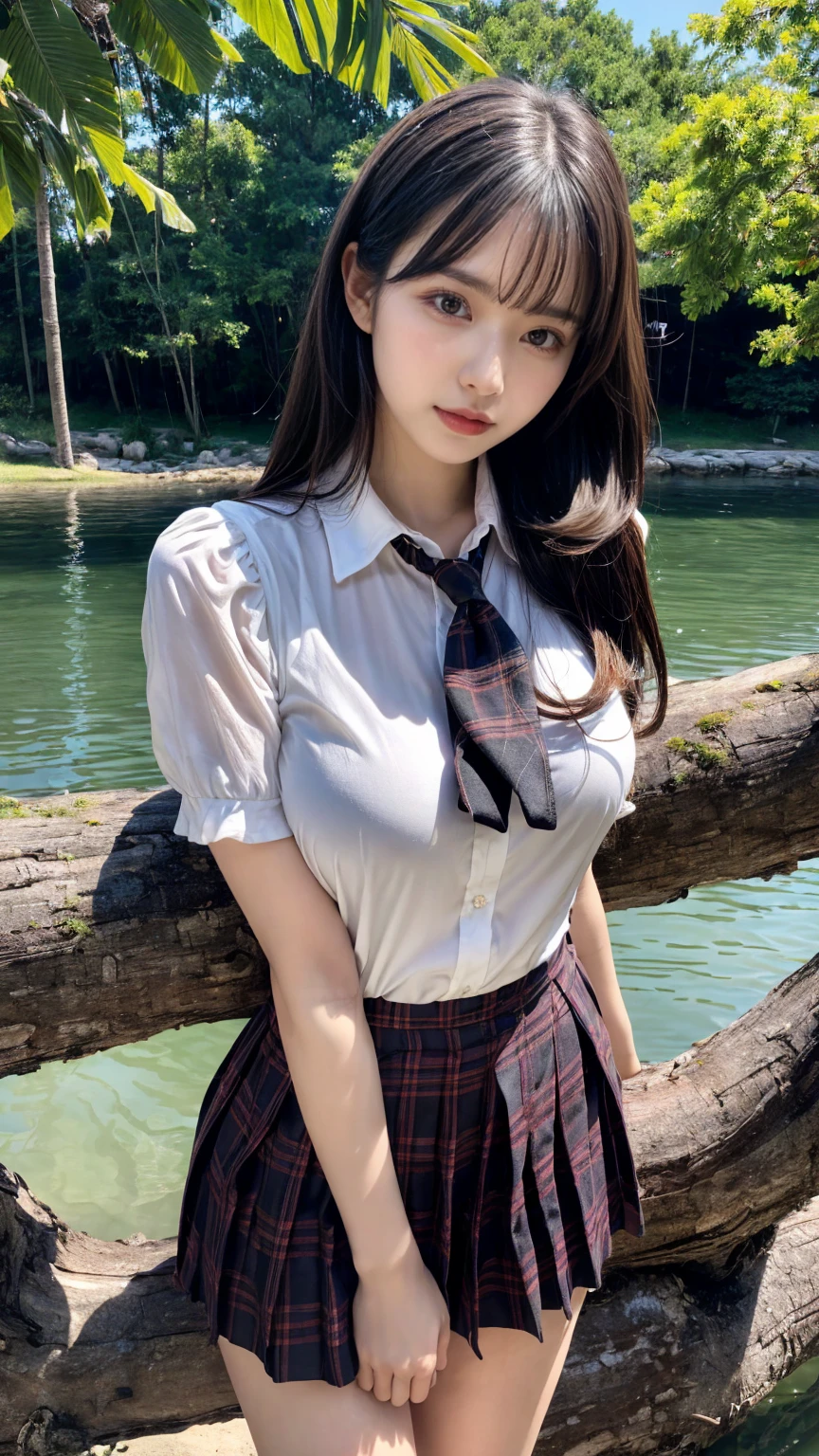 (absurdres:1.3), (highres:1.3), (ultra detailed:1.3),(1girl:1.3), (extremely detailed CG unity 8k wallpaper:1.3), (detailed skin texture, detailed cloth texture, detailed hair texture), (beautiful detailed face, supermodel, pale skin, realistic glistening skin), (RAW photo, best quality), (realistic, photo-realistic:1.4), masterpiece, extremely delicate and beautiful,Amazing, finely detail, extremely detailed CG unity 8k wallpaper, huge filesize, ultra-detailed, highres, absurdres, soft light,rim light, vibrant details, hotel room, straight hair, large breasts, black hair color, Big Natural Color Lip, (perfect body shape), beautiful legs, 20 years old, Beauty、Well-formed face、Make your eyes even、Large sagging eyes、Beautiful black hair、Has bangedium build、Well-balanced proportions、Arms wrapped around his back, hands tie behind back, Tartan plaid pleated skirt、Blue Short Sleeve Blouse、Beautiful scenery、(front view:1.3), Leaning against a large tree on the shore of a beautiful lake、