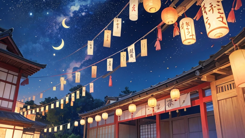 tanabata lpape strips tied to the branches leaves, a tanabata festival in a japanese village, paper streamers hanging from tree leaves, traditional japanese wooden house, night sky full of stars, crescent moon, fireflies, intricate paper lanterns