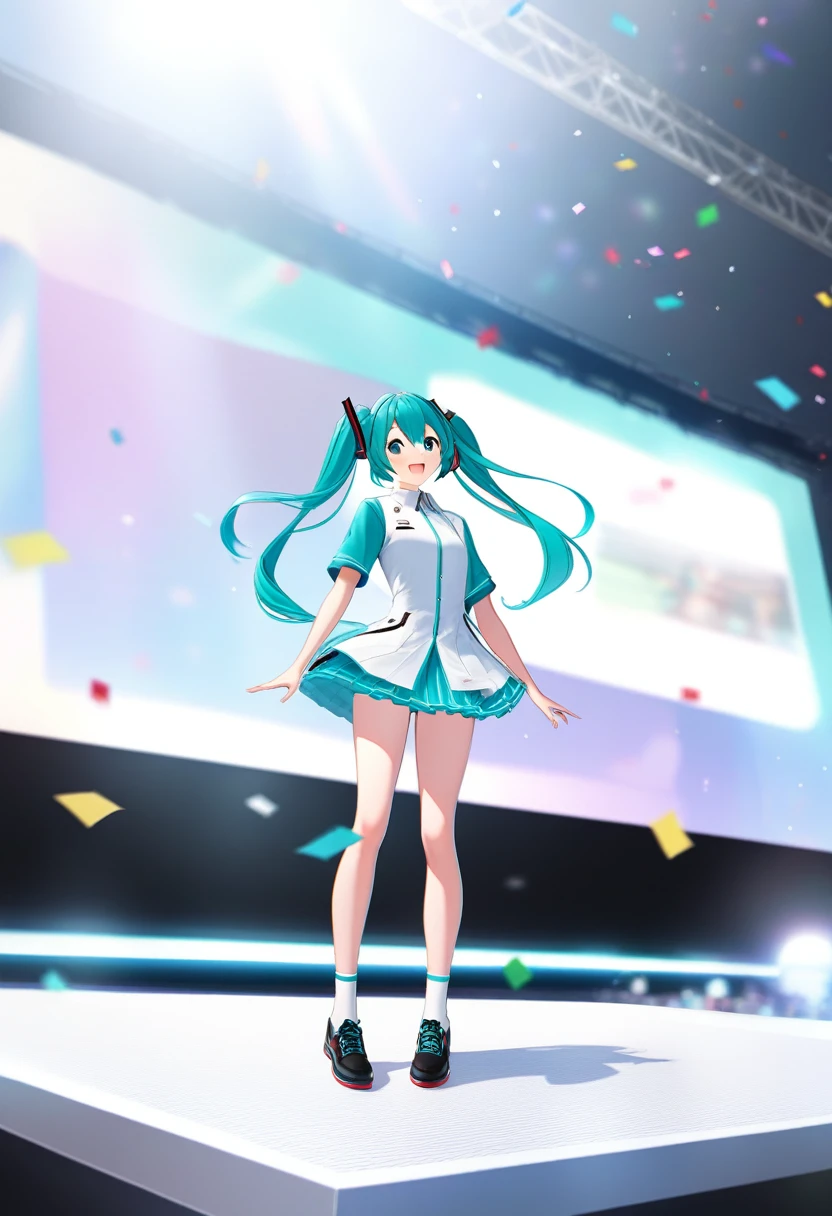 ((Emphasis on the use of CG))、((Emphasis on the shape and three-dimensionality of Hatsune Miku on the beautiful white stage: 1.2))、((Overwhelming performances on stage and flurries of confetti、Emphasis on vivid realism of Hatsune Miku on the live stage: 1.2))、((「3ds Max」Emphasis on the use of software: 1.2))、((「tyFlow」Emphasis on the use of various plugins such as: 1.2))、((To achieve beautiful visual expression、3ds MaxでライブステージのRealな表現やエフェクトを重視: 1.2))、((3ds MaxでライブステージのRealな表現やエフェクトを重視: 1.2))、((人間のcolor気や感情表現を重視、(((Emphasis on Hatsune Miku standing on a white stage: 1.4)))、Delicate depictions of landscapes:  1.2)）、((Emphasis on CG animation：1.2)）、((Emphasis on excellent expressiveness to portray Hatsune Miku&#39;s natural environment on stage：1.2)）、((Emphasis on live depth：1.2)）、((texture、size、color、Shadow and Light)）、color収差、Depth of written boundary、Soft Lighting、masterpiece、Highest quality、complicated、Tone Map、Very detailed、Art Station、Concept Art、Smooth、Sharp Focus、Dramatic lighting、Very detailedなアートワーク、Cinematic、surrealistic painting、Art Stationでトレンド、8k、Incredible Shadows、Real、(Very detailedな背景：1.0）、((Emphasis on overwhelmingly brilliant live performances：1.4)）、((ライブステージでマイクを持って歌う女の子のVery detailedなポートレートの重視：1.4)）、((ネオンとササイバーpunkな背景：1.4）、((サイバーpunkな髪：1.4)、  ((Ankle-length twin tails: 1.4)、((Black headset: 1.4)、((Costume: Sleeveless collared top with tie: 1.4)、((Low heel thigh high boots and mini skirt: 1.4)、((Black base and blue-green light sign: 1.4)、((On the upper left arm「01」Red tattoo: 1.4)、細かく照らされた青緑colorの目と目立つ瞳孔、smile、punk、サイバーpunk、Backlight