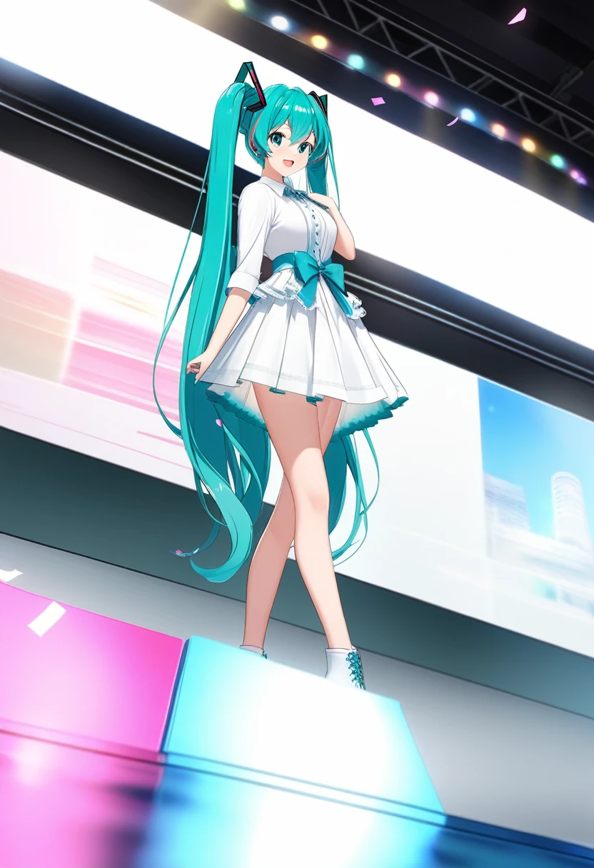 ((Emphasis on the use of CG))、((Emphasis on the shape and three-dimensionality of Hatsune Miku on the beautiful white stage: 1.2))、((Overwhelming performances on stage and flurries of confetti、Emphasis on vivid realism of Hatsune Miku on the live stage: 1.2))、((「3ds Max」Emphasis on the use of software: 1.2))、((「tyFlow」Emphasis on the use of various plugins such as: 1.2))、((To achieve beautiful visual expression、3ds MaxでライブステージのRealな表現やエフェクトを重視: 1.2))、((3ds MaxでライブステージのRealな表現やエフェクトを重視: 1.2))、((人間のcolor気や感情表現を重視、(((Emphasis on Hatsune Miku standing on a white stage: 1.4)))、Delicate depictions of landscapes:  1.2)）、((Emphasis on CG animation：1.2)）、((Emphasis on excellent expressiveness to portray Hatsune Miku&#39;s natural environment on stage：1.2)）、((Emphasis on live depth：1.2)）、((texture、size、color、Shadow and Light)）、color収差、Depth of written boundary、Soft Lighting、masterpiece、Highest quality、complicated、Tone Map、Very detailed、Art Station、Concept Art、Smooth、Sharp Focus、Dramatic lighting、Very detailedなアートワーク、Cinematic、surrealistic painting、Art Stationでトレンド、8k、Incredible Shadows、Real、(Very detailedな背景：1.0）、((Emphasis on overwhelmingly brilliant live performances：1.4)）、((ライブステージでマイクを持って歌う女の子のVery detailedなポートレートの重視：1.4)）、((ネオンとササイバーpunkな背景：1.4）、((サイバーpunkな髪：1.4)、  ((Ankle-length twin tails: 1.4)、((Black headset: 1.4)、((Costume: Sleeveless collared top with tie: 1.4)、((Low heel thigh high boots and mini skirt: 1.4)、((Black base and blue-green light sign: 1.4)、((On the upper left arm「01」Red tattoo: 1.4)、細かく照らされた青緑colorの目と目立つ瞳孔、smile、punk、サイバーpunk、Backlight