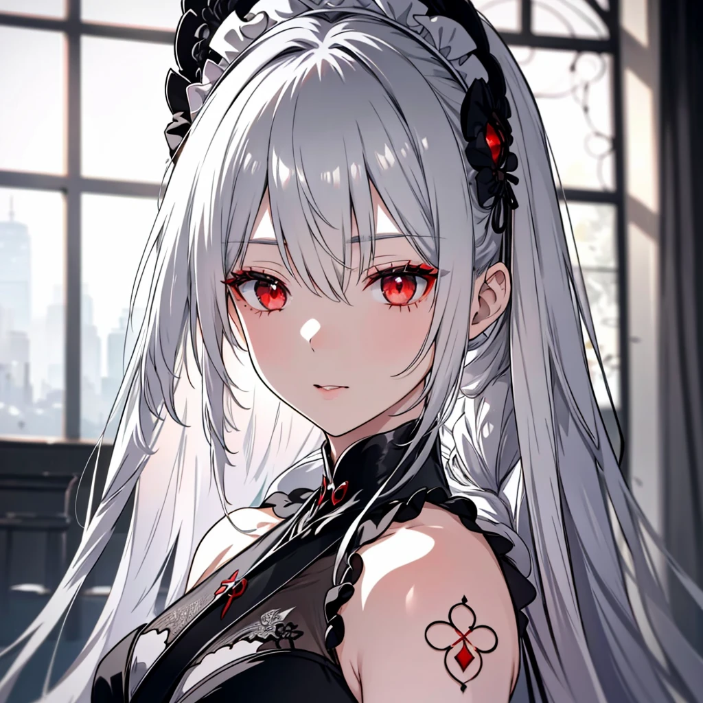 8k,High resolution RAW color art,Anime Art, (((Very detailed and cool))), Detailed skin, Blurry、texture,(Exquisitely crafted, Finer details, Ultra-detailed art), (((1 girl))), Written boundary depth, Silky to the touch, Hyper Detail, (((Cool face))), eye shadow、Silver Marble Skin, Beautiful and detailed red eyes, Beautiful lip detail, Very delicate face, Delicate depiction of hair and eyes, Delicate fashion, Full body description、Long silver hair、Red Eyes、Simple maid clothes、Inside the house、A subtle piece、Standing posture、Classical Long(Black and white)