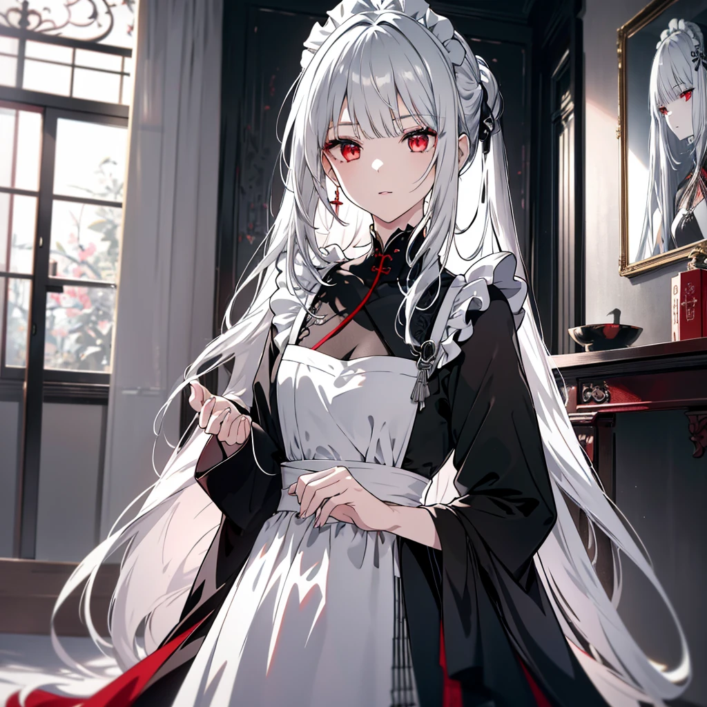 8k,High resolution RAW color art,Anime Art, (((Very detailed and cool))), Detailed skin, Blurry、texture,(Exquisitely crafted, Finer details, Ultra-detailed art), (((1 girl))), Written boundary depth, Silky to the touch, Hyper Detail, (((Cool face))), eye shadow、Silver Marble Skin, Beautiful and detailed red eyes, Beautiful lip detail, Very delicate face, Delicate depiction of hair and eyes, Delicate fashion, Full body description、Long silver hair、Red Eyes、Simple maid clothes、Inside the house、A subtle piece、Standing posture、Classical Long(Black and white)