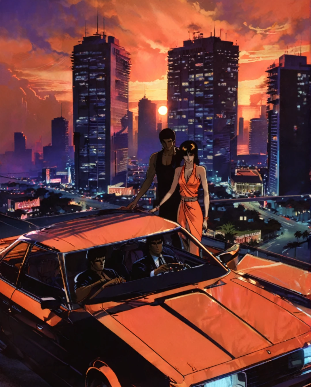 A sultry sunset in Vice City's neon-lit streets, with the boy and girl leaning on the hood of a sleek sports car. The warm orange hues cast long shadows across the bustling cityscape, as the dynamic duo poses confidently, arms wrapped around each other. The city's vibrant atmosphere is palpable, with towering skyscrapers, billboards, and neon lights reflecting off the wet pavement. In the distance, a helicopter whisks by, while pedestrians and traffic fill the streets. The car's gleaming finish and the pair's stylish attire radiate coolness, set against a backdrop of urban energy and excitement.