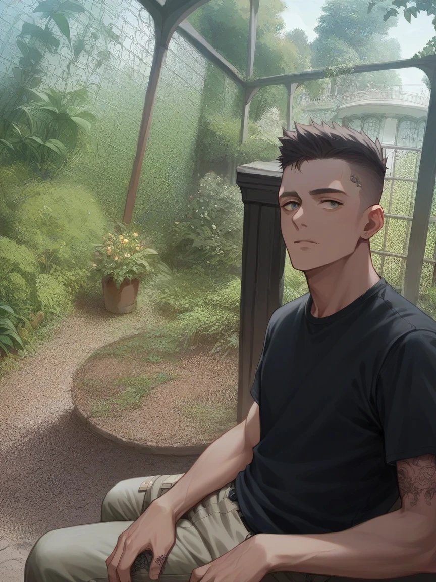 Background in beautiful garden ,tattoo on hand dark cargo pant and some stylist hair woth atteactive face