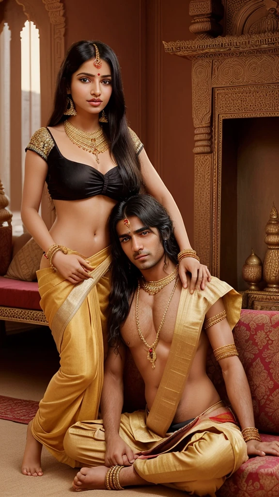 A fair-skinned girl with blonde hair, dressed in a gorgeous Indian sari with jewelry, embraces a guy with black hair, dressed in ancient Indian style, both are semi-naked sitting in Indian sofa in the rich Indian palace in the background, animated realism style