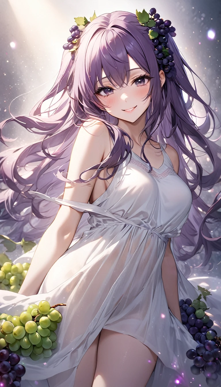 beautiful woman, two side up messy wavy fluffy long hair, make-up, wearing loose white dress made of thin knit fabric, seductive smile, amorous and lewd expression, great Proportions, glitter effects, foggy filter effects, 2.5D, delicate and dynamic, BREAK background black, fresh bunches of purple grapes, fresh bunches of green grapes