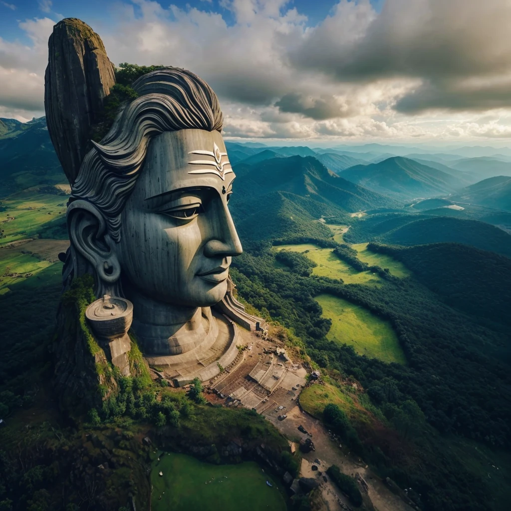 Make a picture if lord shiva shaped like a mountain with tree,grass nature scenery 8k ultra hdr 