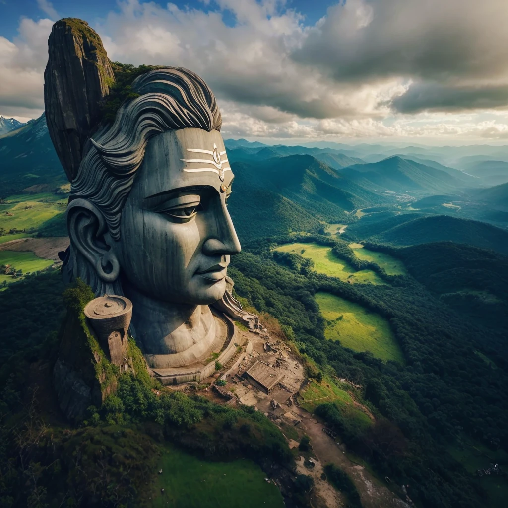 Make a picture if lord shiva shaped like a mountain with tree,grass nature scenery 8k ultra hdr