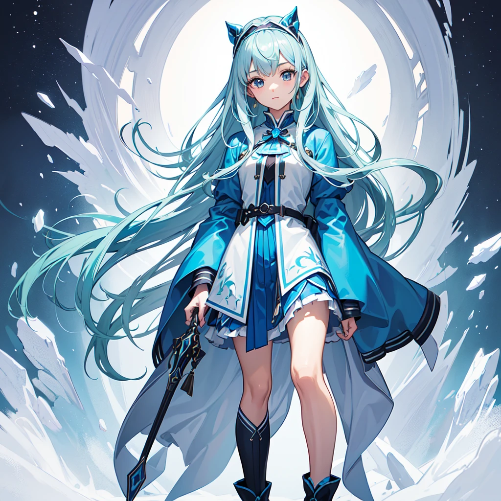 (Front facing,Standing,Delicate facial expression,1 person:1.6), (anime,8k,masterpiece, Highest quality, Highest quality,beautifully,aesthetic:1.2,Professional illustrations:1.2,Super detailed:1.3), Very detailed, Most detailed, Brilliant, High resolution, Super detaileded, (girl), Very exquisite beautiful face and eyes, Sexy gaze,Emphasize the chest,A wizard-style tunic in blue and white.,A blue mini skirt following the jacket,tights,head band,Wristband,boots