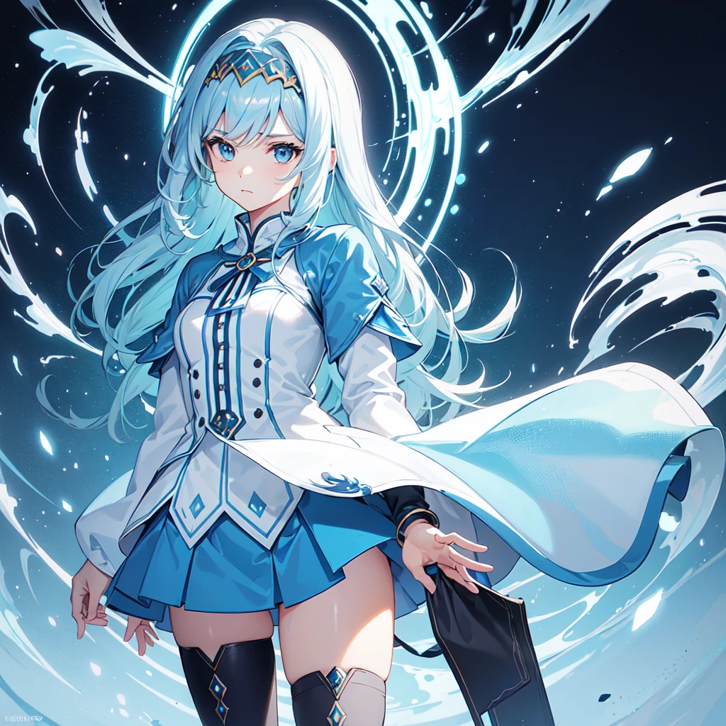 (Front facing,Standing,Delicate facial expression,1 person:1.6), (anime,8k,masterpiece, Highest quality, Highest quality,beautifully,aesthetic:1.2,Professional illustrations:1.2,Super detailed:1.3), Very detailed, Most detailed, Brilliant, High resolution, Super detaileded, (girl), Very exquisite beautiful face and eyes, Sexy gaze,Emphasize the chest,A wizard-style tunic in blue and white.,A blue mini skirt following the jacket,tights,head band,Wristband,boots