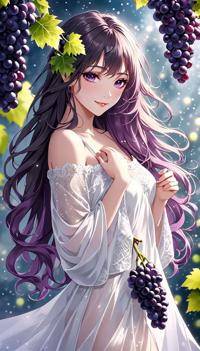 beautiful woman, two side up messy wavy fluffy long hair, make-up, wearing loose white dress made of thin knit fabric, seductive smile, amorous and lewd expression, great Proportions, glitter effects, foggy filter effects, 2.5D, delicate and dynamic, BREAK background black, fresh bunches of purple grapes, fresh bunches of green grapes