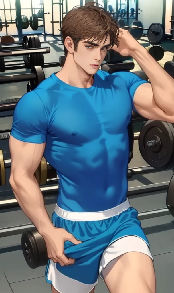 toned young man, full body, short black hair, adidas shirt, tight fitting shorts, bulge, chavalpha