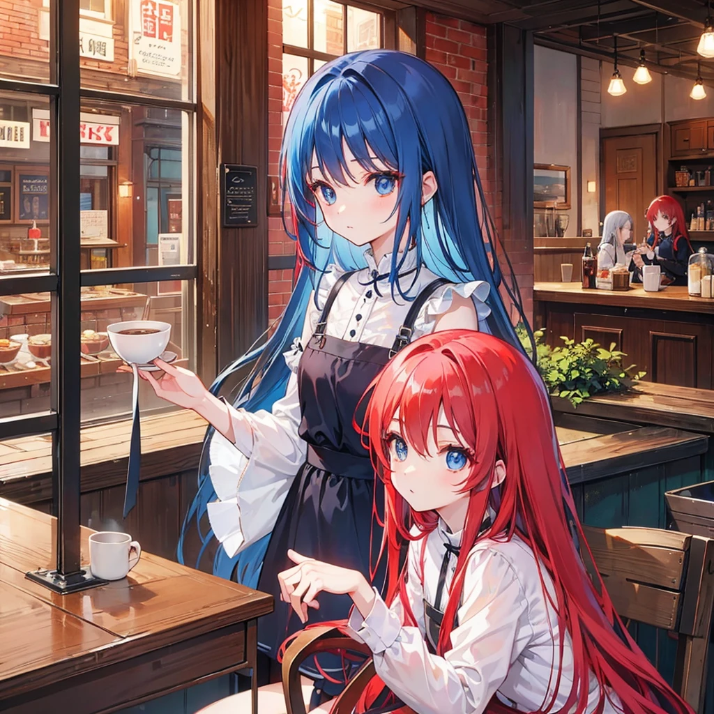 Long Hair、Beautiful eyes、woman、Wooden desk、Cafe、coffee、Contrasting sisters、Red Hair、Blue Hair
