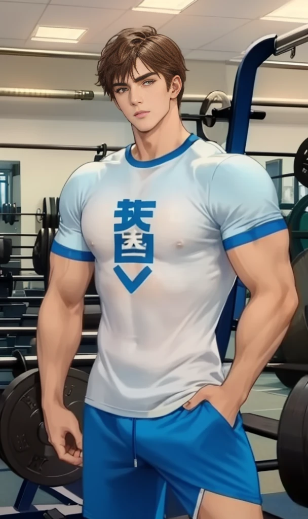 toned young man, full body, short black hair, adidas shirt, tight fitting shorts, bulge, chavalpha