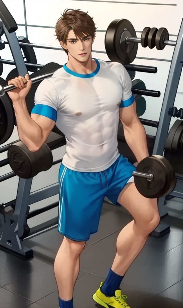 1 handsome man, Gym ,White and blue t-shirt