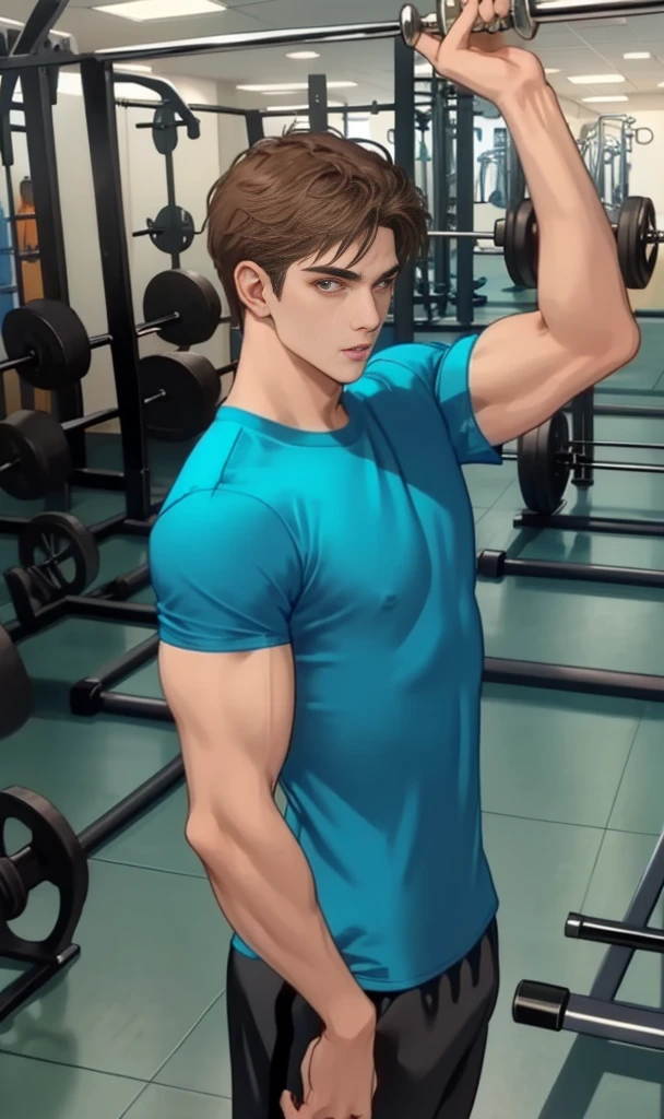 1 handsome man, Gym ,White and blue t-shirt