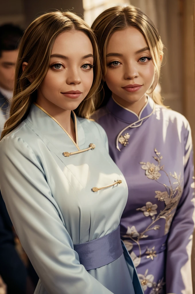 photograph of Sydney, in silk aodai ,seductive , photorealistic, sydney sweeney, smiling