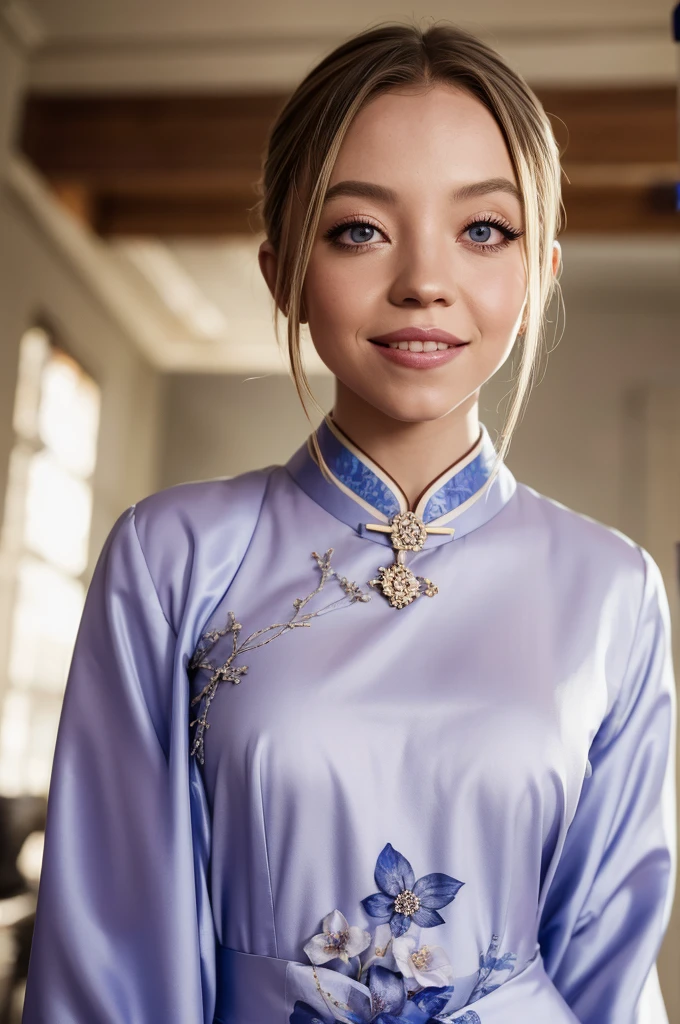 photograph of Sydney, in silk aodai ,seductive , photorealistic, sydney sweeney, smiling