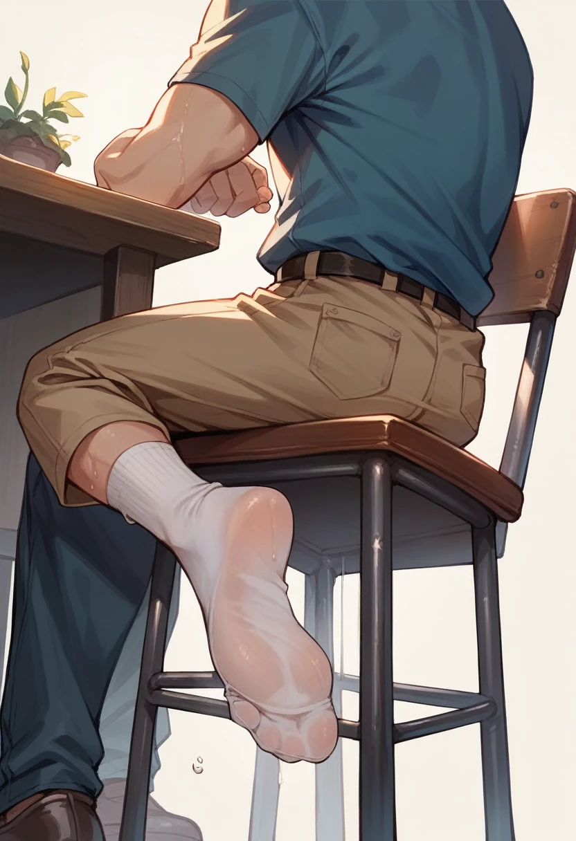 Anime boy very wet sweaty white socks under chair showing his feet soles close to the camera
