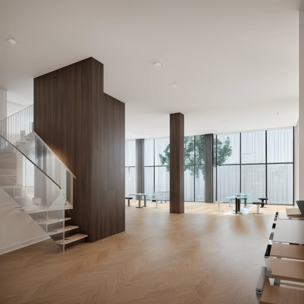 There is an apartment with stairs and work desks including a mixing desk on the right corner and a far table with glass that can look out to the street, output to vue, output to low angle, output to enscape, connect cg rendering,enscape rendering,high detail rendering,3d rendering,3d rendering,semi realistic rendering,3d rendering model,vue 3d rendering,realistic rendering,photorealistic rendering high, architectural results, detailed results