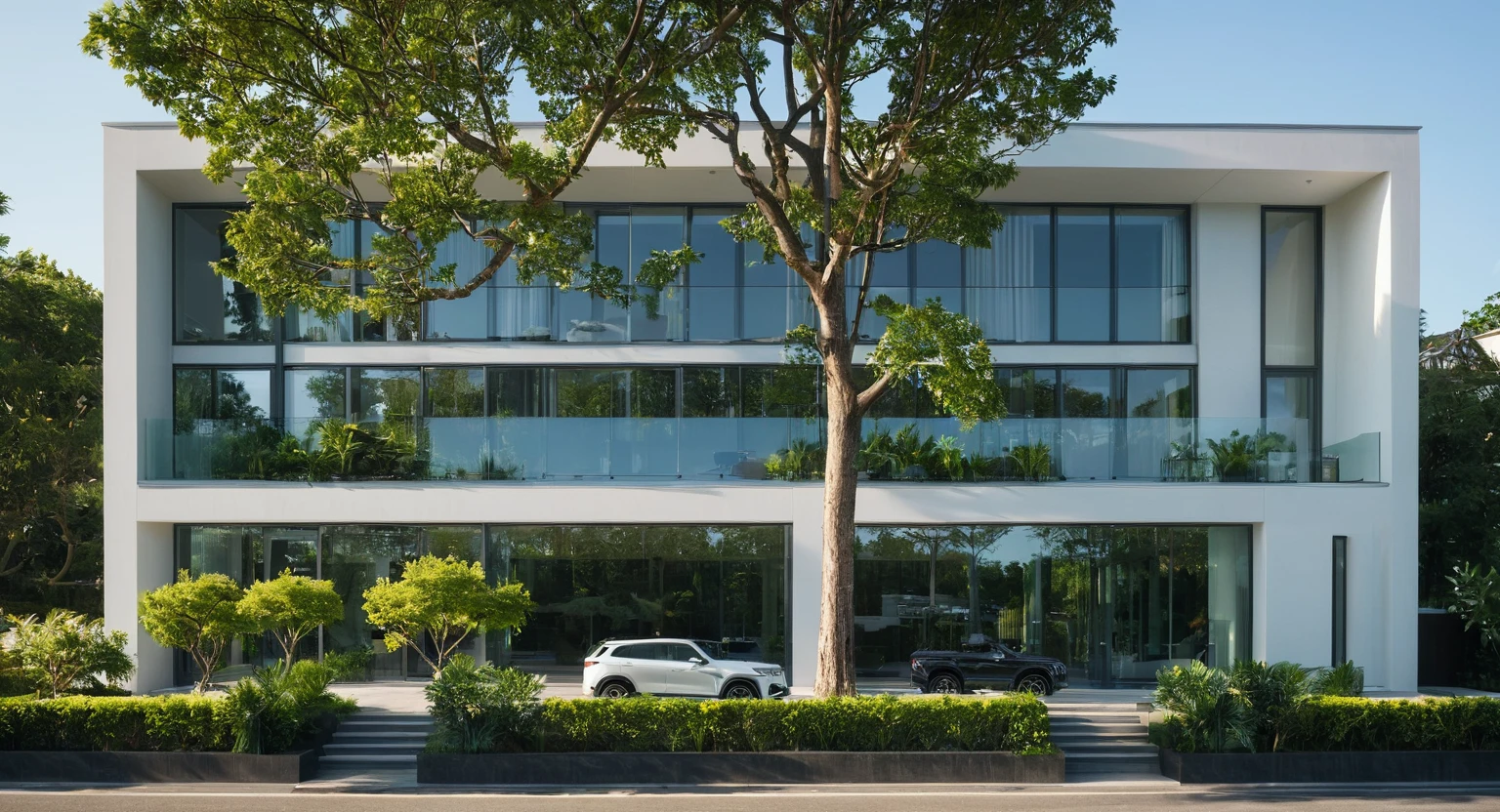 RAW photo, Masterpiece, (high quality:1.1), (masterpiece, best quality:1.5), best quality, (authentic:1.5), (super detail:1.7), House 01., outdoors, sky, tree, no humans, window, plant, ground vehicle, building, scenery, motor vehicle, car, road, vehicle focus, street, exterior, green buildings in street, railing glass, glass windows, roof, ark, facade, modern style, martix, beautiful, architectural rendering, movie light scene, high resolution, realistic, 8k uhd, dslr, soft lighting, high quality, film grain, Fujifilm XT3