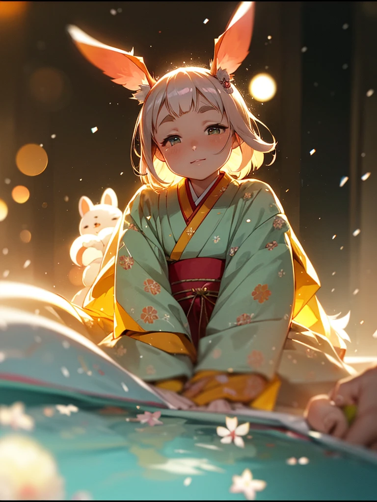 (Sumilux f1.4 50mm , low Latitude old color negative film , cross process , bokeh, flare, chromatic aberration , soft focus, (Shallow focus) , soft glow , Maximum aperture, High Key , Transparent depiction) , Japanese Heian period , Royal girl, rabbit ear , Maro eyebrows , kimono, sitting , (Peony flowers blooming:0.6) , closeup face , Snow is falling