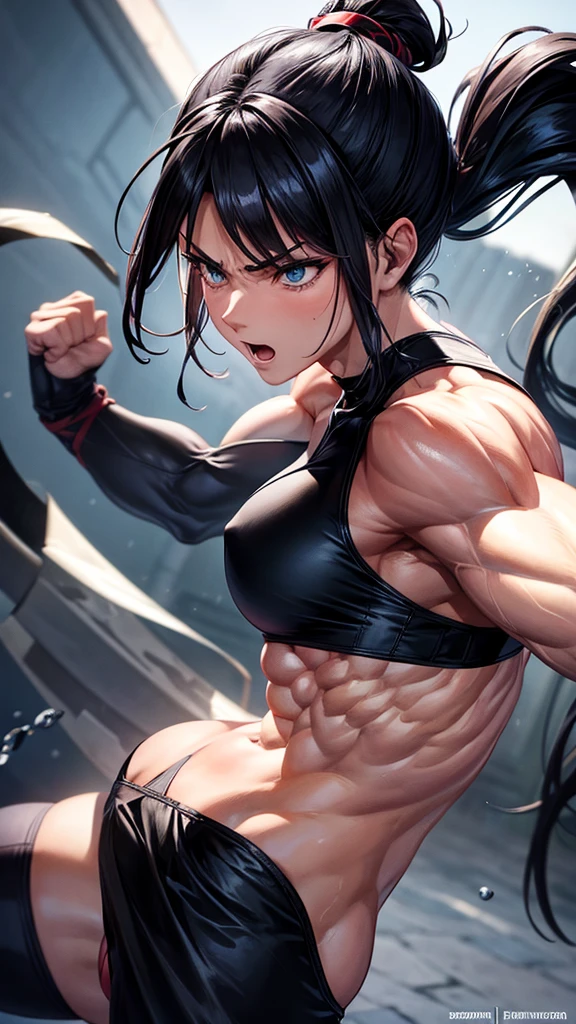A muscular, macho female ninja is showing her fighting spirit.