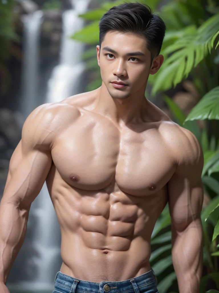 Vietnamese muscle man, Detailed undercut, Tight T-shirt , quiet, Jeans, Take the whole body, Walking posture :: Manly, Look at the camera, (Make eye contact), manhood posture, Manly deportment, Have morals, masculinity, manhood, very detailed facial parts, very detailed neck, Manly, waterfall background, happy expression, professional photos, soft focus, ( raw photos, best quality, Masterpiece:1.2), very detailed, Ultra high resolution, perfect anatomy, ส่วนของร่างกายที่very detailed, The body is very symmetrical., Asia, 18 years old, Highly detailed, detailed face, Detailed eyes, proportional eyes, very detailed mouth, Leaky abdomen :: very detailed, thin, small waist, realistic, human skin, นิ้วที่very detailed, handsome chad chin, Be a man, human skin, handsome, charming, Highly detailed RAW color photo, depth of field, Photo taken from the front, perfect composition, very detailed hands, very detailed fingers