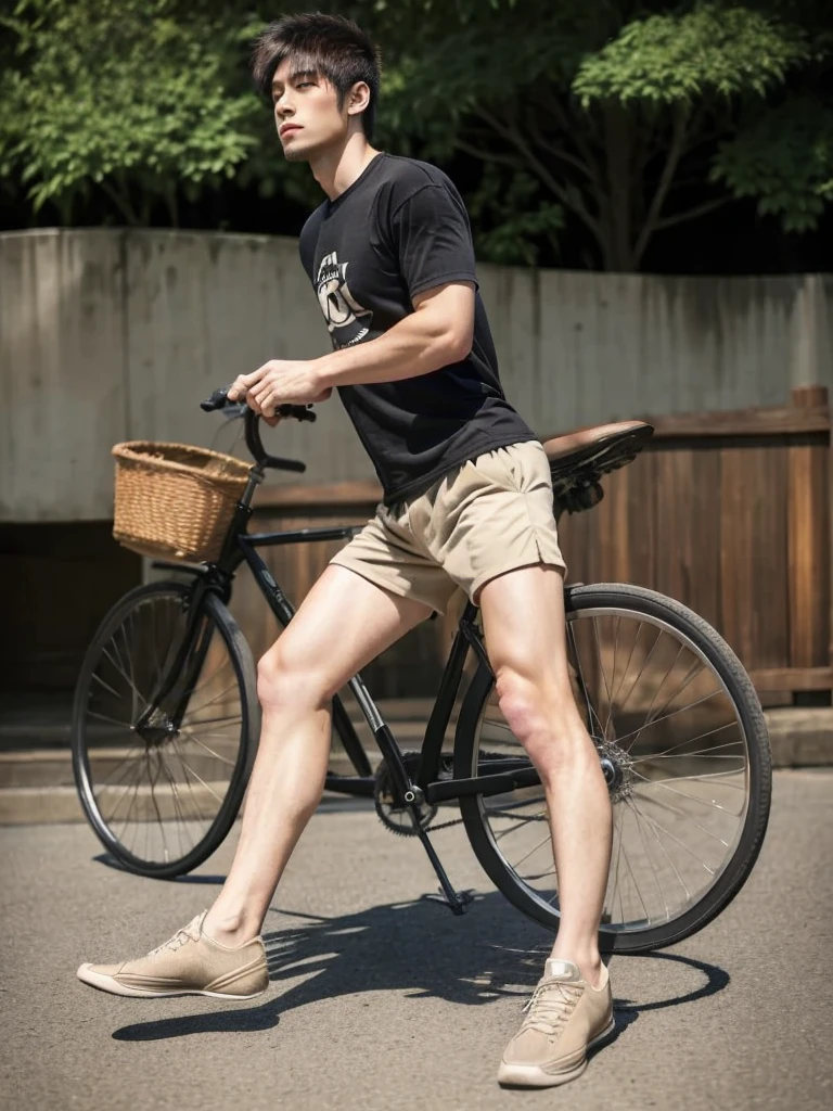 Ride a bicycle, ((whole body)), Hairy legs, Muscular and toned legs, Two Block, Long legs, Japan Male, Age 27, Thin beard, Wearing beige shorts, Wearing a black T-shirt, Very short hair, Black Hair