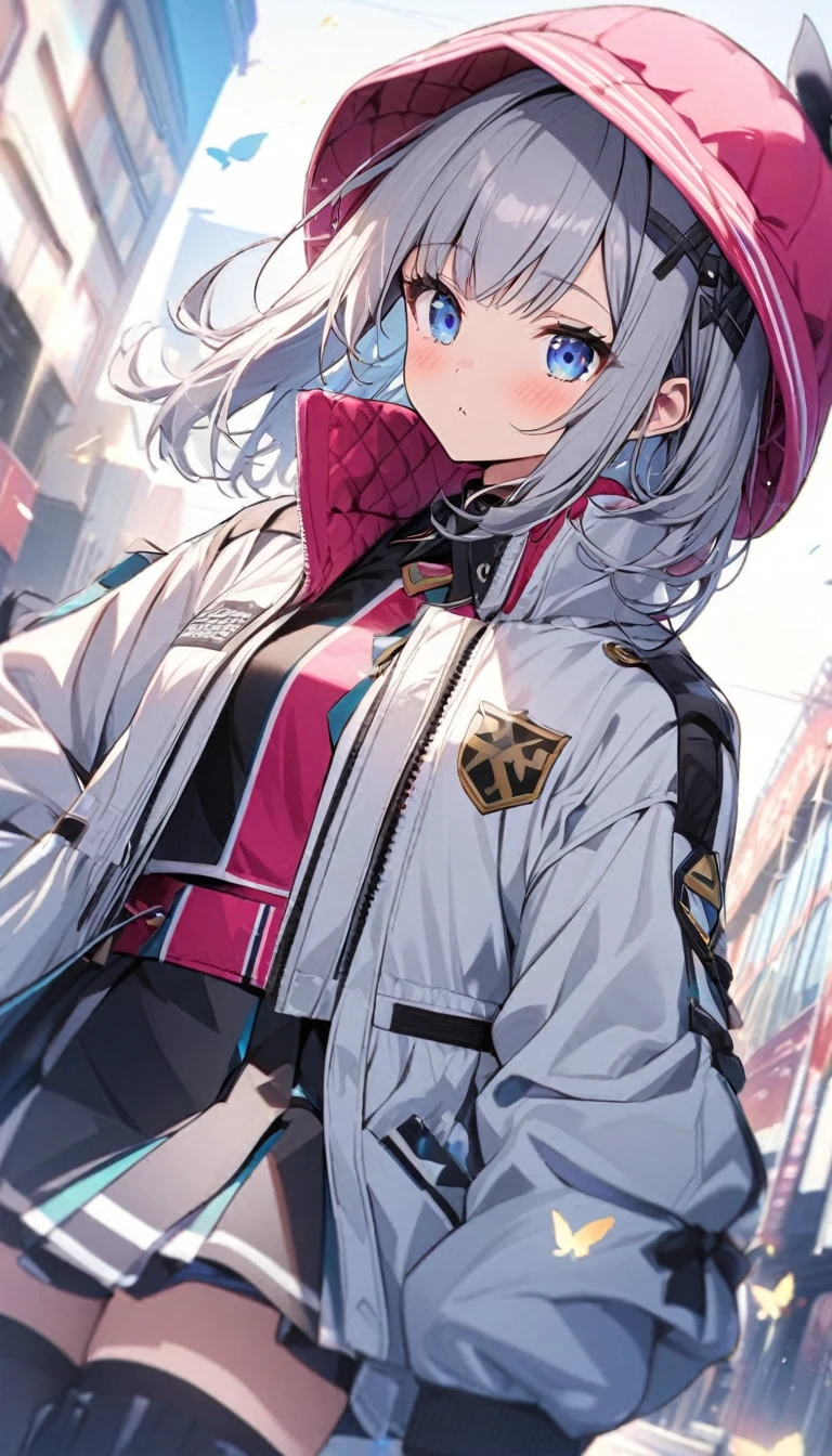 Butterflies are flying、Facing at an angle、Looking at an angle、1girl, stylish, stylish code, large jacket