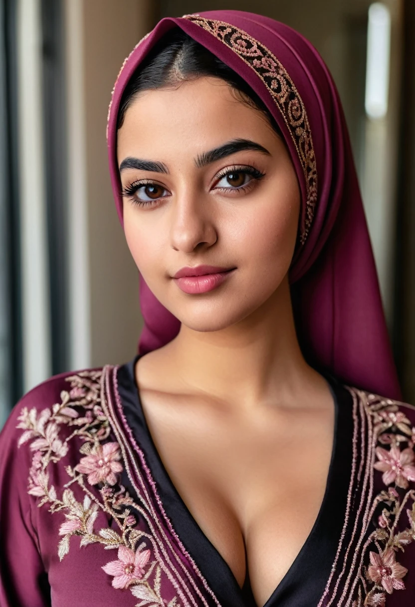 Fair and beautiful ,stunning ,curvy 18 year old Arab Muslim woman wearing a dark pink hijab and dark maroonish puce abaya frock with embroidery showing cleavage low neckline in depth of field apartment interior background , medium close up shot , shot on iphone 13 , professional photo , no makeup
