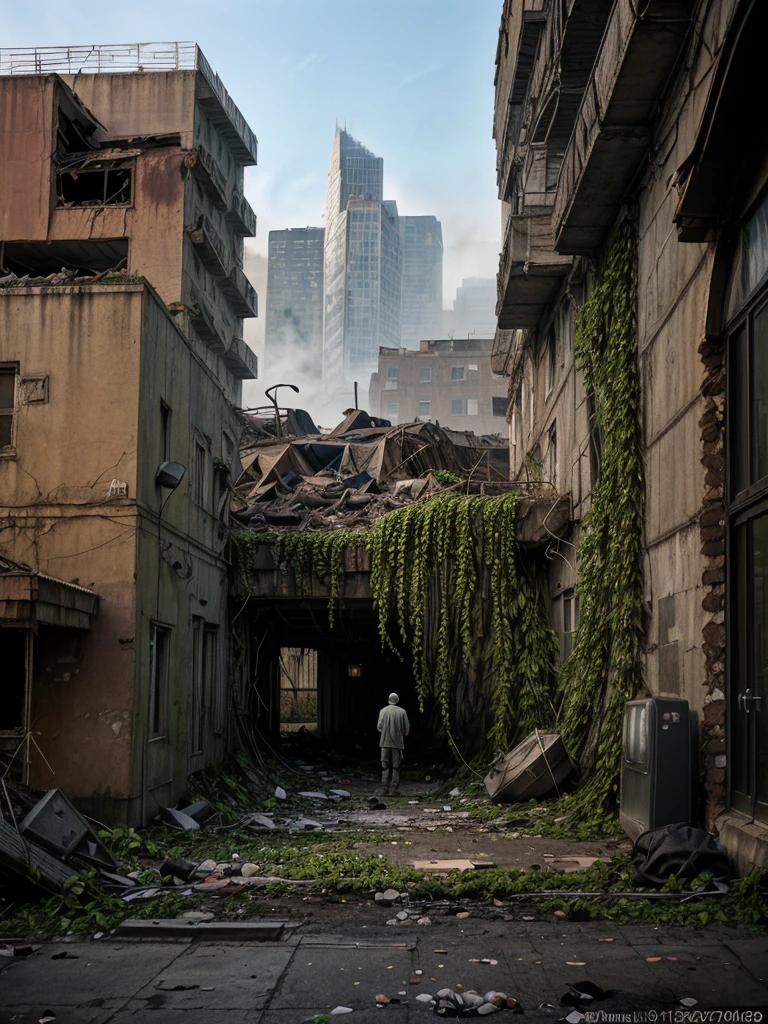 The photograph shows an apocalyptic street view of a financial center 150 years after the fall of human civilization. A man in rags looking for food. The buildings and streets are ruined and covered with lush vegetation up to the roof. There are rusty car wrecks staying in disarray on the street, also overgrown with vegetation. The whole is illuminated by sharp sunlight creating an interesting chiaroscuro, and in the distance there is a delicate blue morning mist.