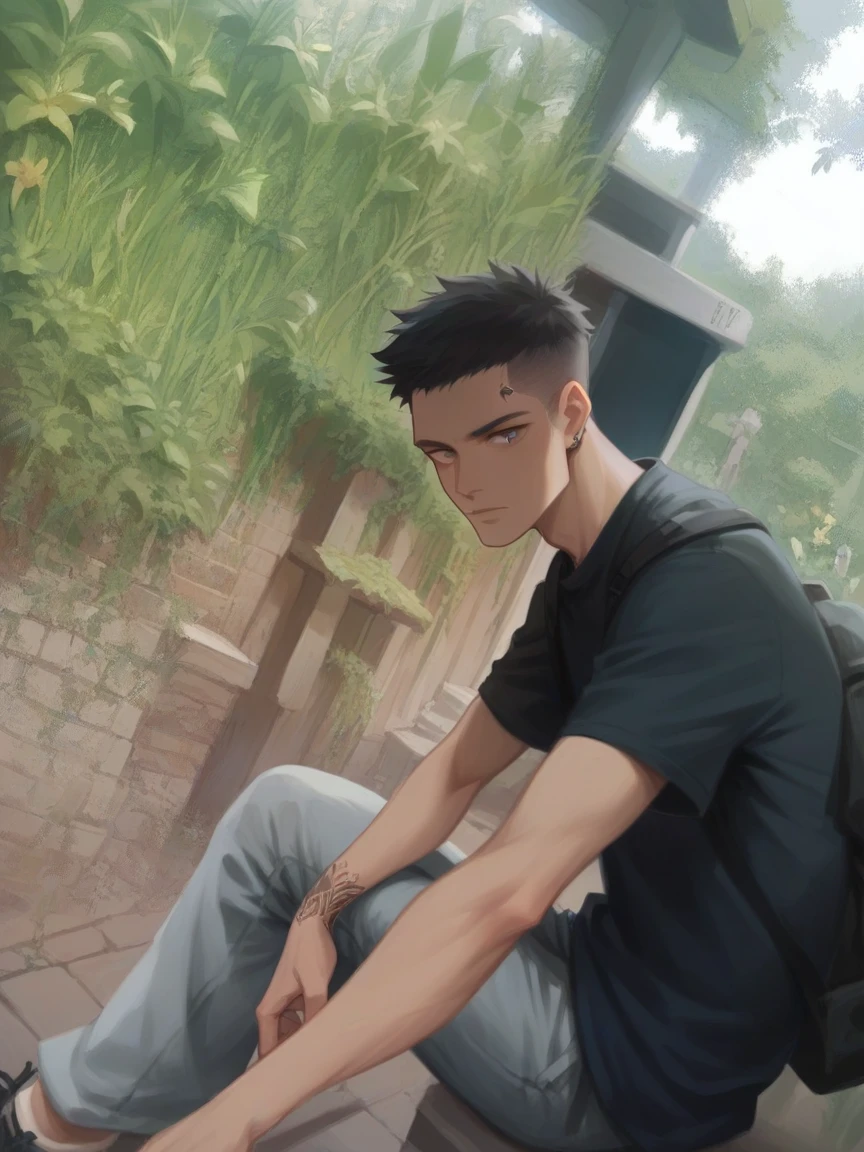 Background in beautiful garden ,tattoo on hand dark cargo pant and some stylist hair woth atteactive face