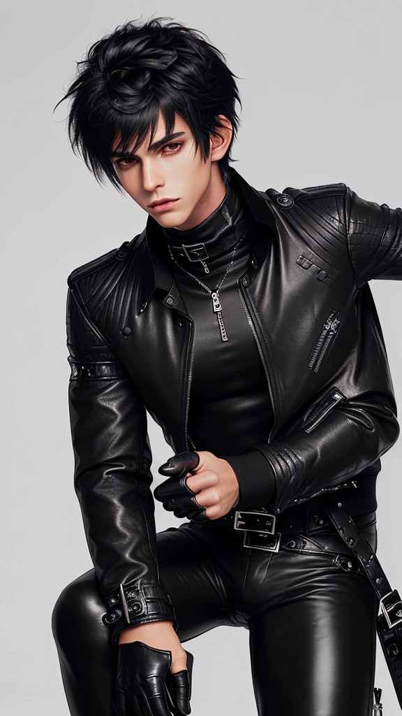 Final fantasy taste and reality graphics, ((Japanese young cute and cool ikemen boy)), his age is early 20s, thin eyebrows and beady eyes, ((he wearing black color leather thick and heavy material jacket)), ((jacket is singlebrest)), ((biker style jacket)), ((jacket is large size)),((with epaulet)), ((jacket is long sleeve)), ((zipped front of the leather jacket)), , ((voluminous leather jacket)), ,((must jacket is high length and stand-up collar)) ((jacket collar with two belts)), ((jacket is a little black color line pattern)), ((also wearing black thick material turtleneck lackluster shirts)), ((tight black leather pants)), ((put black leather tight and thin glove on both hands)), ((black leather knee-high raceup boots)),((must views head-to-toe)),((must views whole body)), ,((Do not show skin from the neck down)),leather jacket leather glove and leather pants have few wrinkles, Avoid showing your innerwear,zip up jacket fastner.must put on a leather glove.
Bous face is expression of ecstasy.
Boy is black hair.boy looks like fashion model.
Tied up behind the back