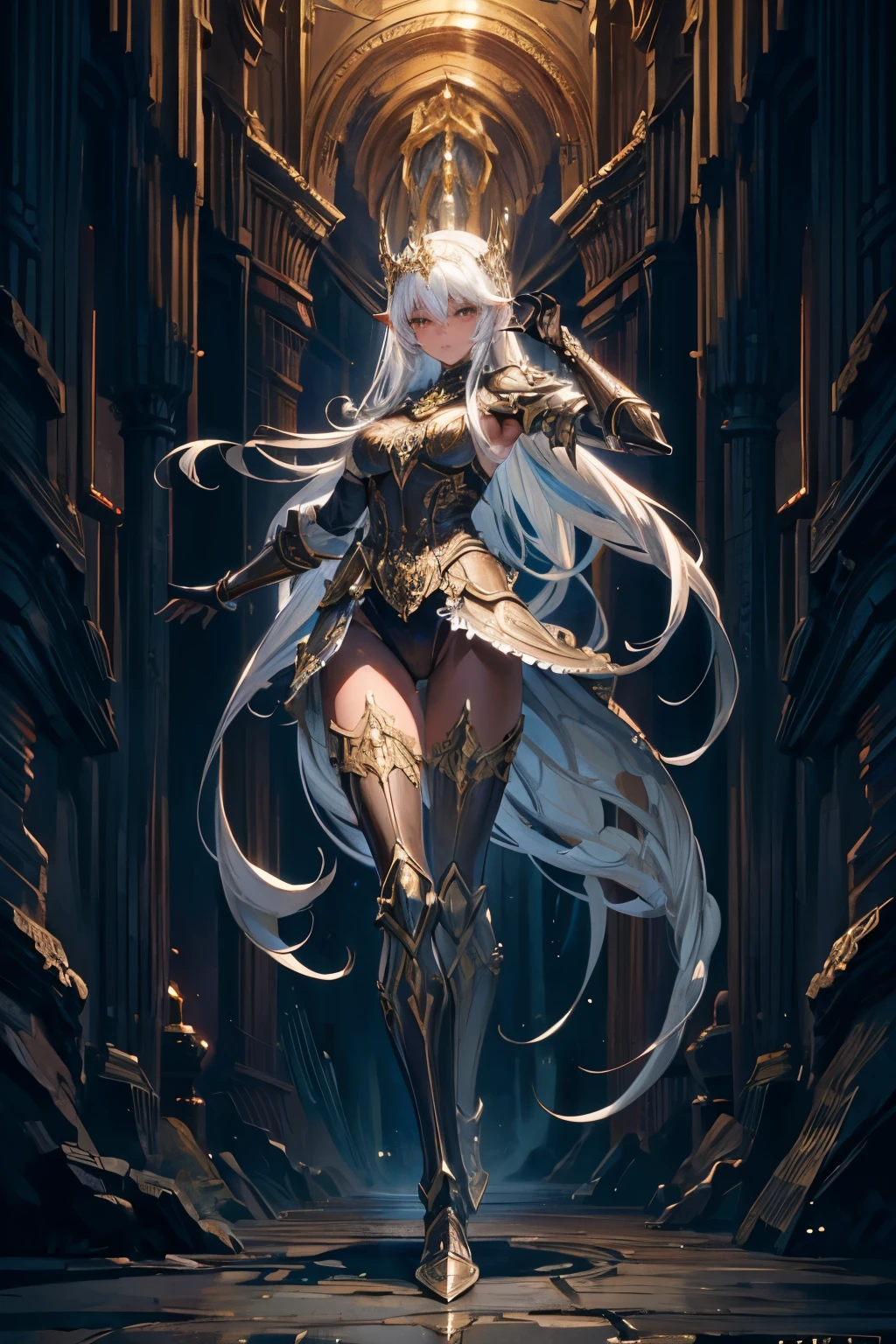 Realistic, (1girl), (masterpiece, top quality, best quality, beauty and aesthetics: 1.2), very detailed, colorful, most detailed, zentangle, (phoenix in background), blonde hair, long hair, glowing blue eyes, tan lines, black skin, sexy, mysterious, (magic), gold ornament , black and red bodysuit, glowing effect, leather effect, latex, fantasy, full body view, entire body angle, dynamic pose, dynamic angle, walking, pantyhose