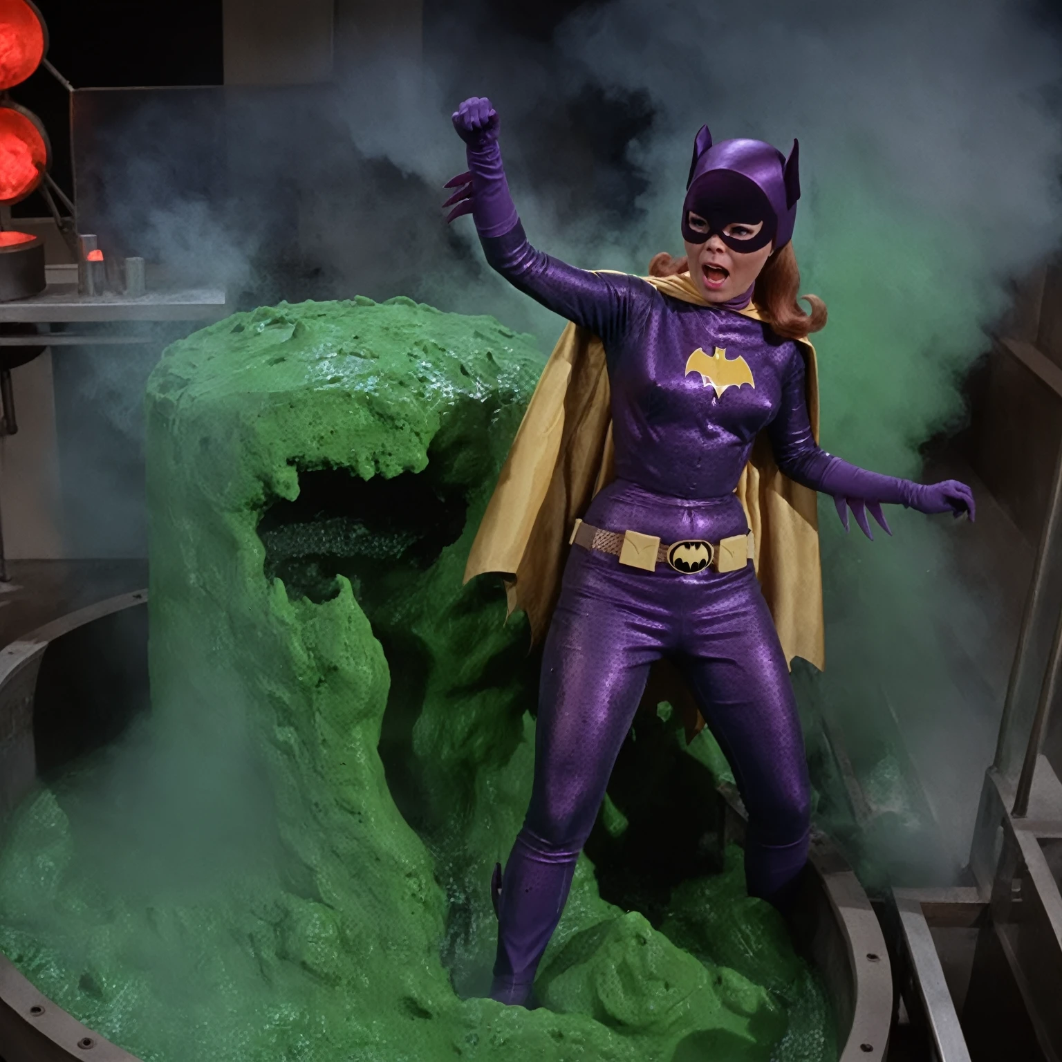 yvonne craig woman, sinking in green lava inside a big tank in a scientist lab. She screams with her eyes wide open, she looks for help, extent her arm trying to grab something to escape, she moves desperate, but half of her body is already cover by lava. Her body is burning, smoke, smoke everywhere. she screams as hard as she can , 60's style, analog film, film grain, on a lab. Some red lights
