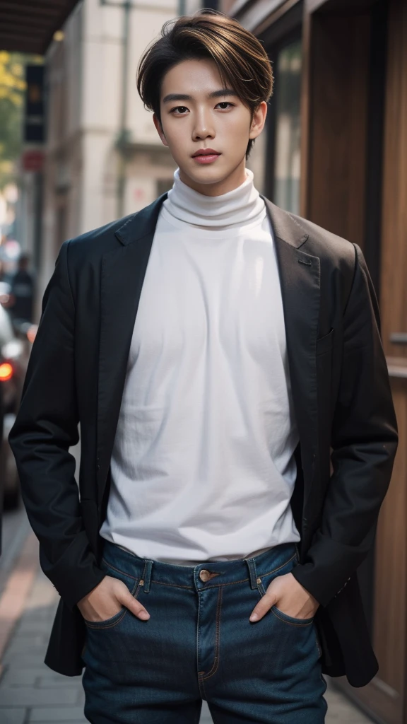 (realistic, คุณภาพhigh: 1.3) Handsome Asian man, high, Black turtleneck shirt, Skinny jeans, photography, Dutch corner, outdoor, Hair style up, hair dyed blonde